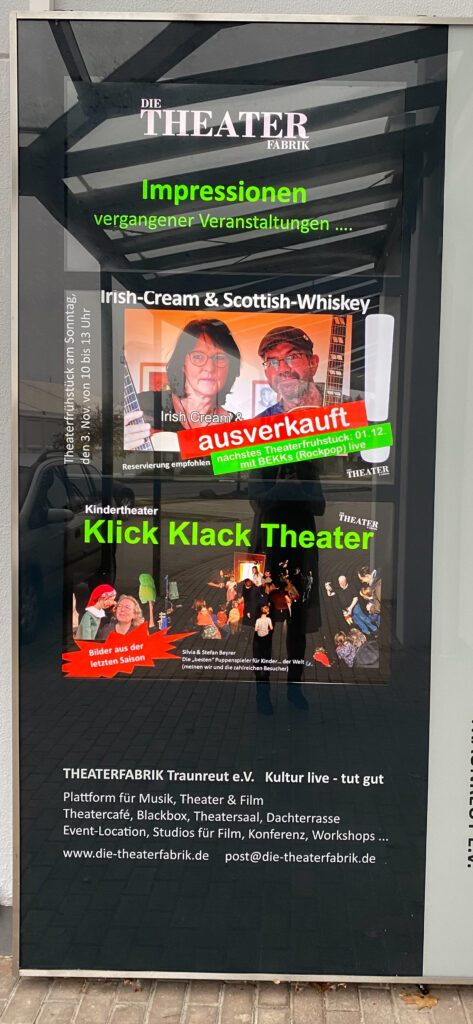 Irland, Irish Cream & Scottish Whiskey, Irish Folk & Scottish Music, Baehrle Claudia und Thomas das Irish Folk Duo aus dem Chiemgau, Theater Frühstück am 03.11.2024, Theater Fabrik Traunreut.