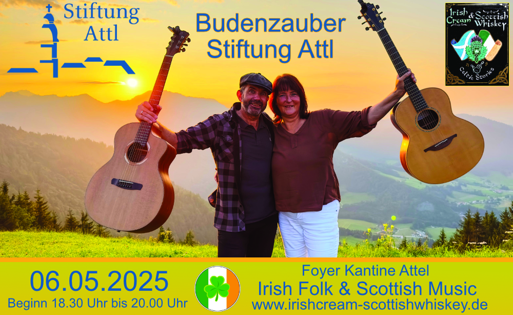 Stiftung Attl, Budenzauber Stiftung Attl, Foyer Kantine Attel, Irish Folk & Scottish Music, Irish Cream & Scottish Whiskey, Bährle Claudia und Tom, das Irish Folk Duo aus dem Chiemgau.